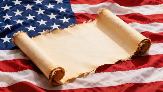 Grunge blank paper parchment or declaration over USA flag independence day template 3d illustration