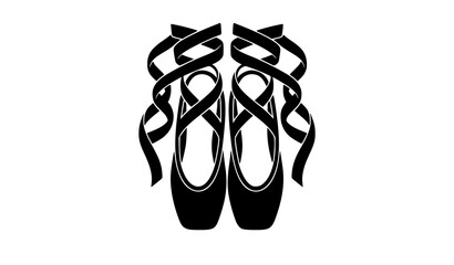 Elegant black ballet pointe shoes vector illustration with intricately crossed lace ribbons, isolated silhouette design element for ballerina academy logo or theater performance poster. © MdIbrahimIslam