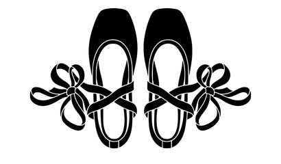 Black ballet pointe shoes vector illustration with crossed satin ribbons and bows, isolated silhouette graphic element for dance academy branding, ballerina theater poster layout. © MdIbrahimIslam