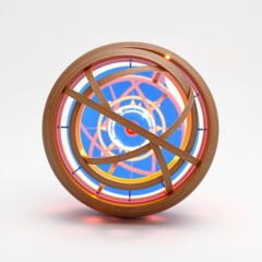 Fototapeta premium Intricate wooden armillary sphere. Colorful rings represent celestial bodies. Bright illumination creates soft shadows. Detailed design.