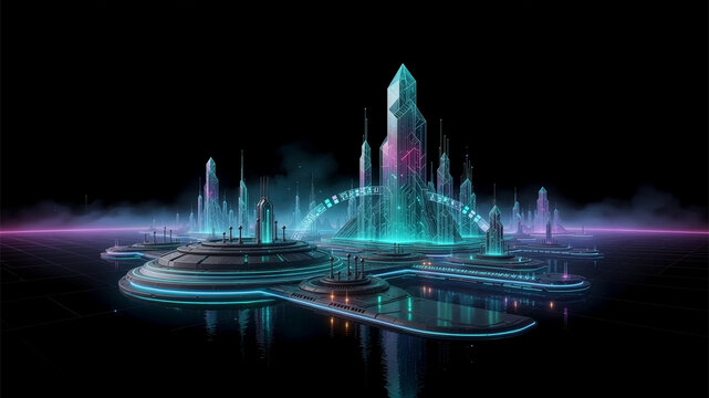 Futuristic Smart City Powered by AI and Advanced Digital Technology/AIとスマートシティが融合した未来都市の超近代的デジタル社会のイラスト背景
