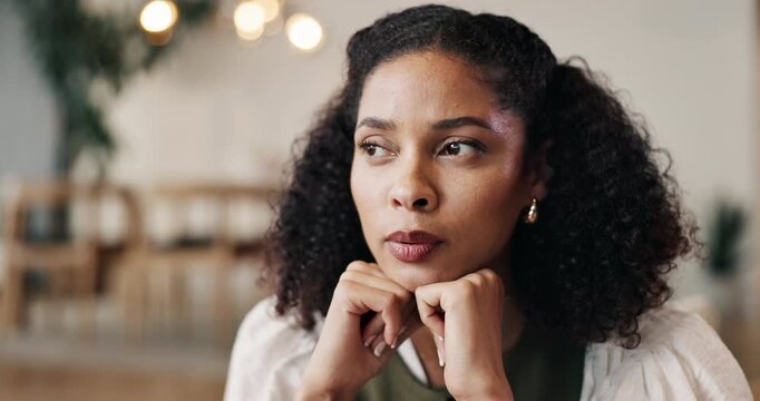 Sad, thinking and woman in home with stress, financial pressure or worry for bankruptcy crisis. Thoughts, pensive and person with anxiety in living room for debt, difficult decision and concern