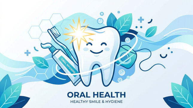 Smiling cartoon tooth with sparkles promoting oral health hygiene awareness in vibrant illustration style