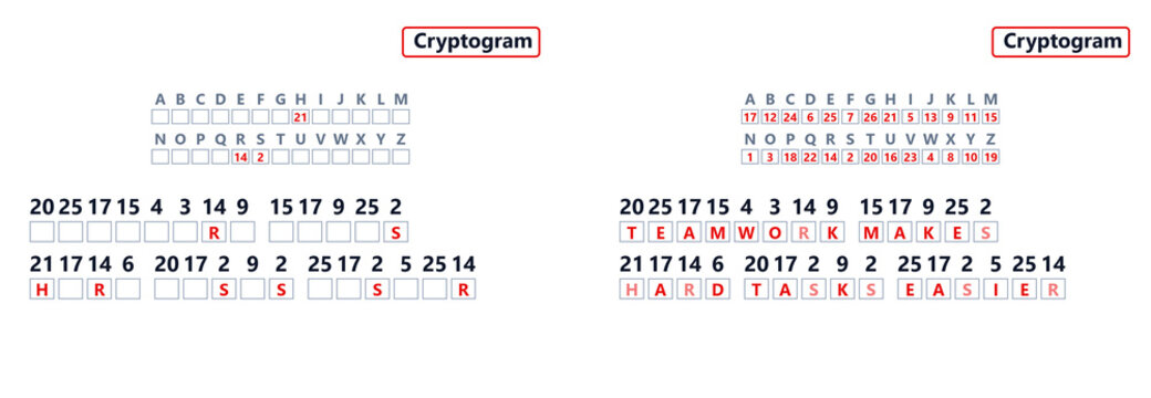 Cryptogram teamwork puzzle with alphanumeric characters and clues  