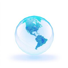 Fototapeta premium Blue globe displaying North, Central, South America. Network lines connect continents. Digital representation, futuristic design, isolated on white background.