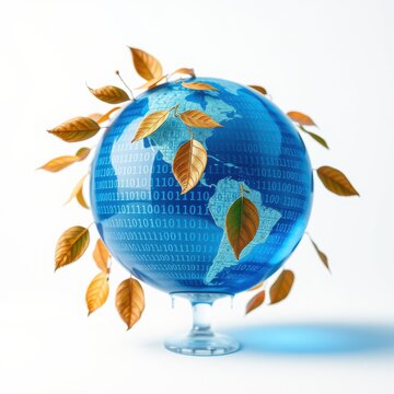 Globe surrounded by leaves, binary code visible. Represents digital world, nature connection, sustainability concepts. Bright studio lighting.
