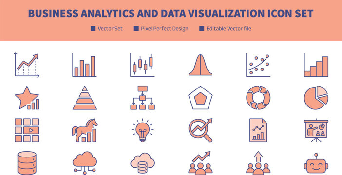 Business Analytics and Data Visualization Icon Set Featuring Charts Growth Metrics Dashboard and Cloud Technology