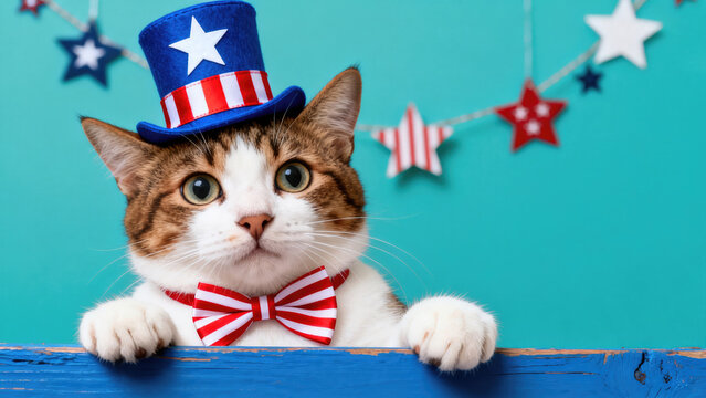 Close up portrait of a cute domestic cat wearing a patriotic American flag hat and bowtie posing on a table decorated for the 4th of July holiday