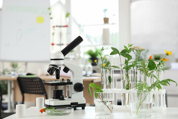 Modern microscope and test tubes with plants on shelf in Biology classroom, closeup © Pixel-Shot