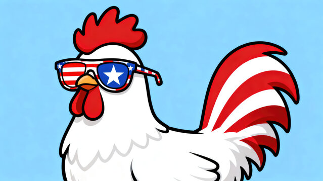 Cool American Rooster Wearing USA Flag Sunglasses, Patriotic Chicken Illustration for 4th of July Celebrations and National Holidays