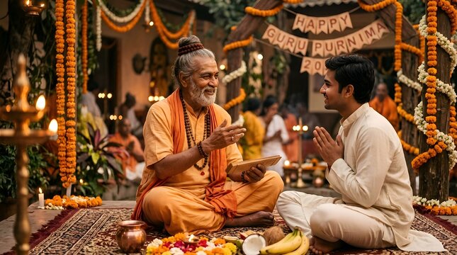 Asian elderly guru teaches young man, Guru Purnima celebration, spiritual tradition, India