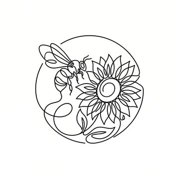 Continuous Line Art of Bee and Sunflower in Circle