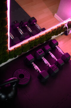 Home gym equipment including dumbbells, kettlebell, and weight plate