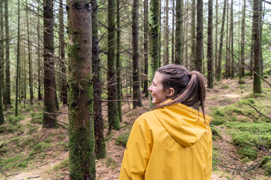 Woman hiking through evergreen forest enjoying nature experience