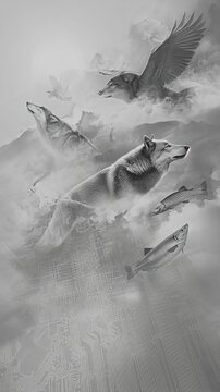 Surreal Composite Illustration of Spirit Wolves, Fish, and Circuitry