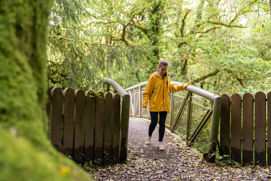 Young woman hiking a wooden bridge in green forest