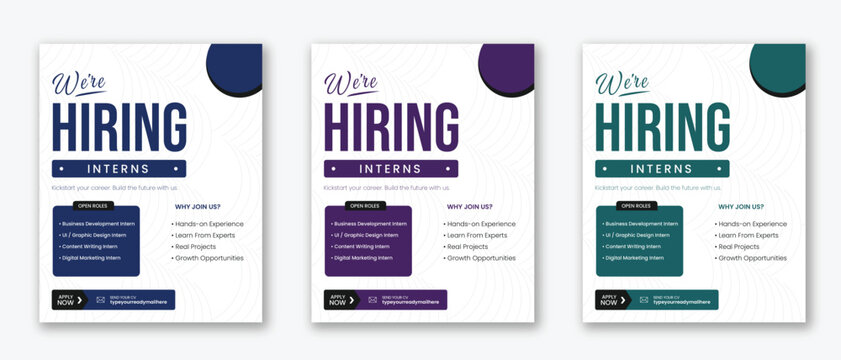We're Hiring Interns Poster Template Set, Internship Recruitment Flyer Design with Open Roles List, Career Opportunity Advertisement for Students, Modern Job Vacancy Banner in Navy Purple and Teal 