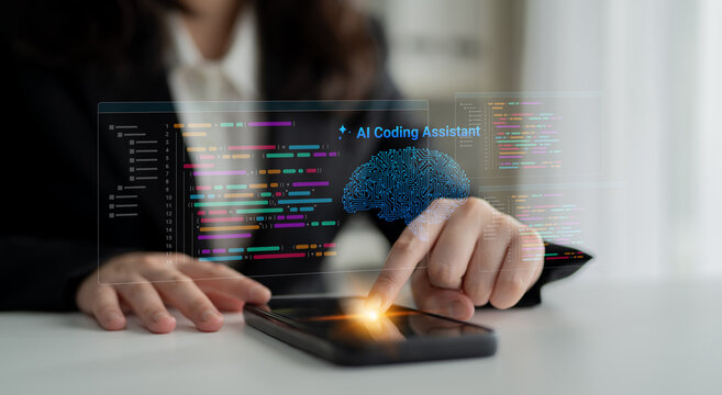 A professional in a modern office setting engages with a mobile device featuring an AI coding assistant, showcasing the integration of technology in programming and data analysis. Cyphers