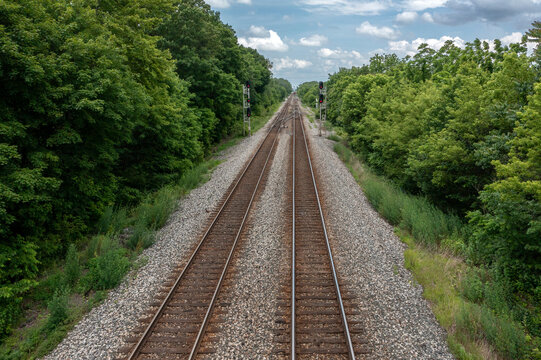 Double railroad tracks vanishing into green forest