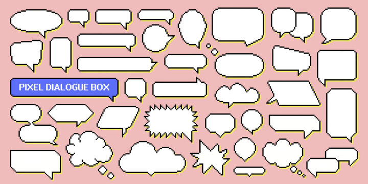 Set of pixel dialogue box, speech bubble, computer gaming interface and video game text message frame. 8 bit cyberspace business and technology icon. Comic cloud, star or heart pattern paper sticker.