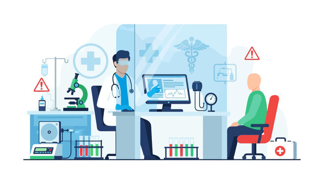 Doctor Consulting Patient In Clinic With Medical Equipment - Health Care Concept