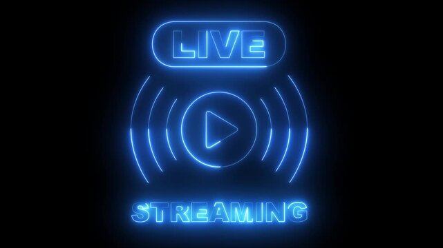 glowing neon live streaming icon with signal waves and play button on for online video broadcast. 4k video animation.