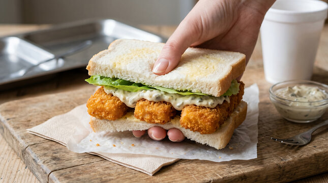 Crispy Breaded Cod with Tartar Sauce on White Bread
