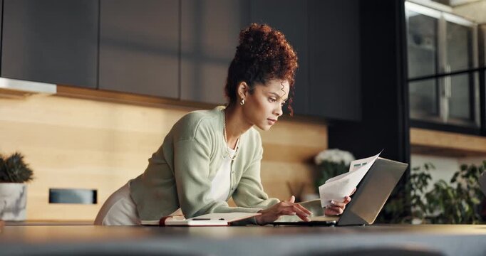 Reading, laptop or woman with paperwork for home, travel insurance or hotel booking for abroad holiday. Pc, typing or person with registration for embassy website, country consent form or trip permit