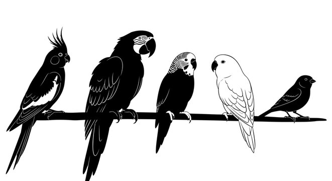 A Minimalist Vector Illustration Featuring Five Different Exotic Birds Perched On A Thin Branch