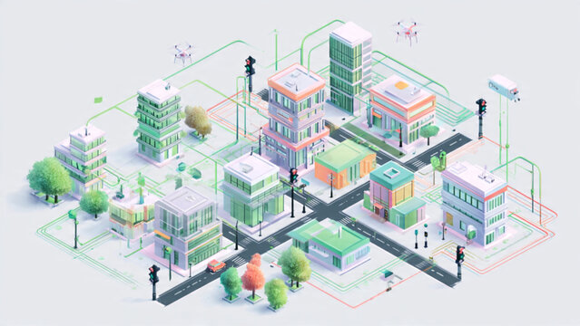 Isometric Cityscape with Modern Buildings and Infrastructure.