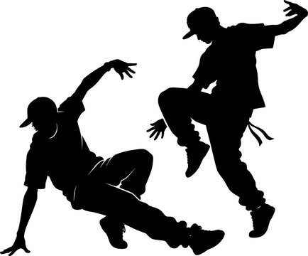 Two men dance energetically in a lively performance with dynamic movements and poses.