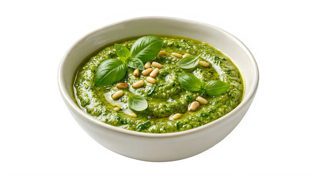 Fresh green basil pesto sauce in a ceramic bowl with pine nuts and herbs