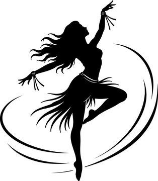 A woman dance poses dynamically with raised arm and flowing hair.