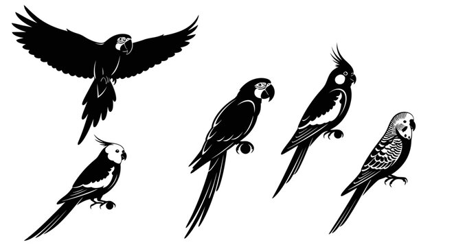 Black vector silhouettes of flying and perched exotic parrot birds cockatiel macaw parakeet
