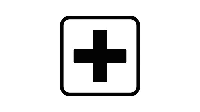 Black Plus Sign Icon in Square Frame, Medical Symbol, Health Care Concept