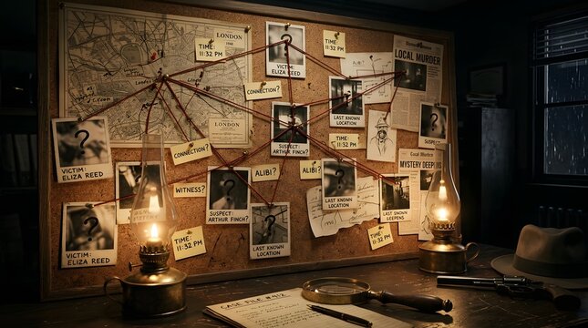 A detective's investigation board with clues and evidence in a dark room