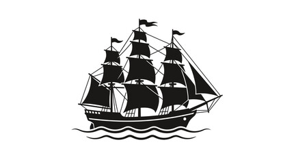 Black Silhouette of a Tall Ship on Wavy Water © srikayati