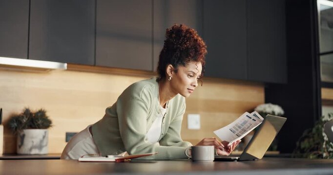 Review, laptop or woman with document for home, travel insurance or hotel booking for abroad holiday. Pc, reading or person with registration for embassy website, country consent form or trip permit