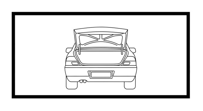 Rear view of a car with an open trunk, black and white line drawing