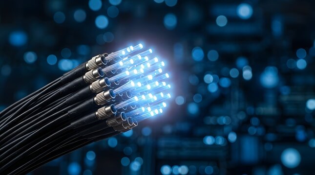 Fiber optic cables with glowing light trails network infrastructure technology concept