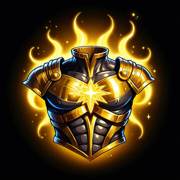 A radiant golden armor torso with a star emblem glows brightly, radiating power and energy.