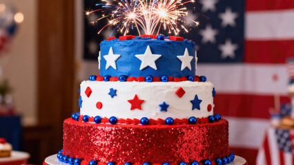 Realistic Portrait: Cake with American Flag and Sparklers, Celebrating 4th of July, Independence, and Presidents Day.