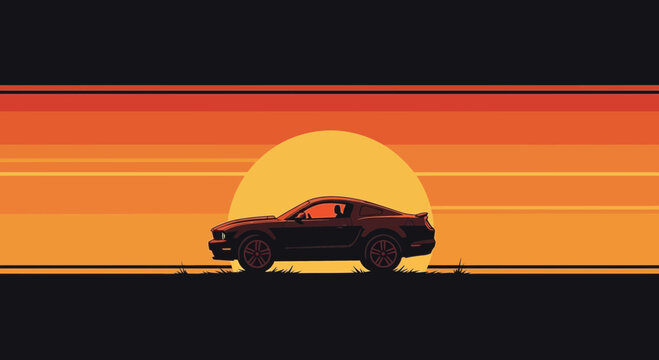 Pixel Art Ford Mustang Silhouette Driving Towards a Retro Sunset