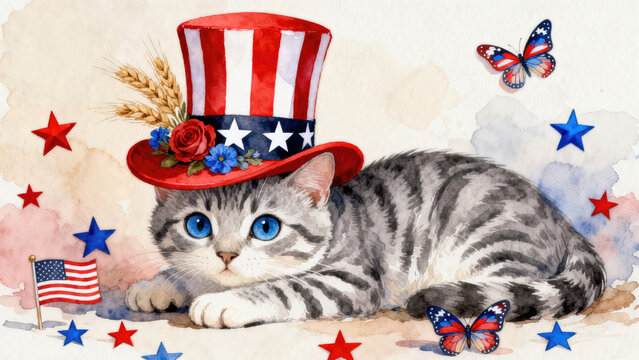 Watercolor 4th of July Patriotic Cat Illustration