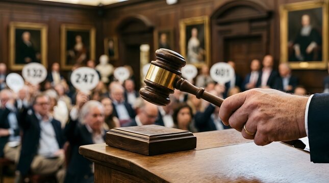 Auctioneer's gavel poised to strike signaling end of bidding in a crowded auction room