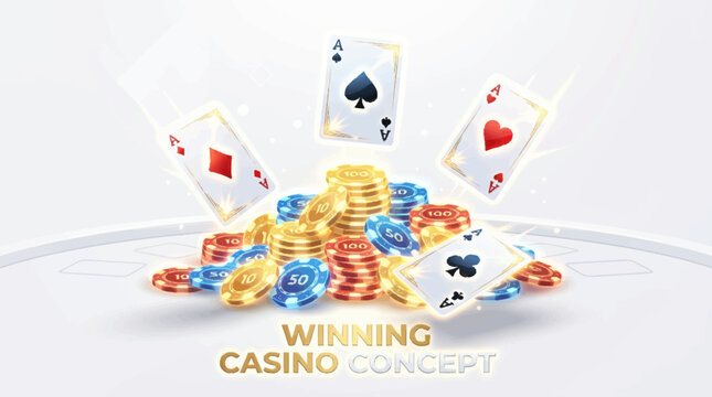 A 3D vector illustration of aces poker chips exploding in a casino with playing cards flying around.