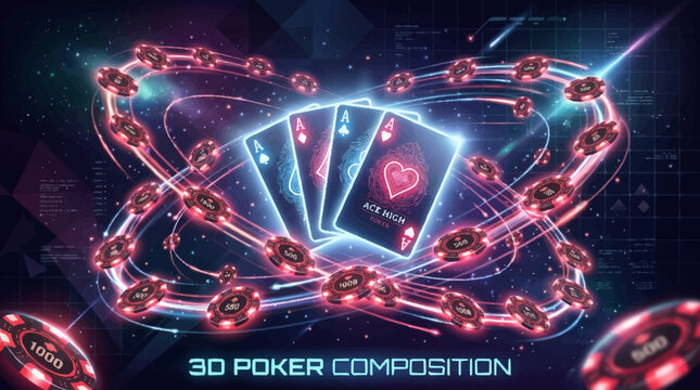 Explosive casino scene with 3d vector playing cards and poker chips