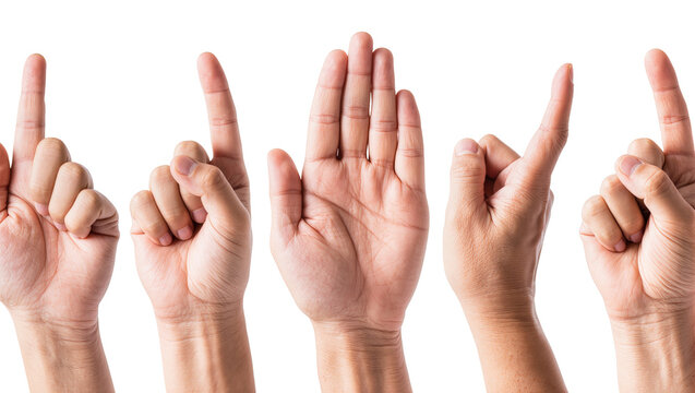 Five human hands showing different gestures and finger signals