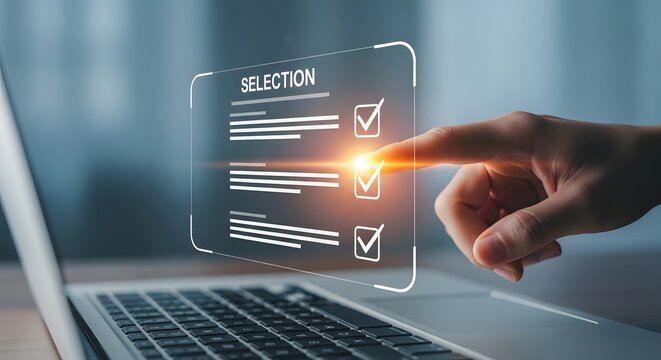 Holographic digital checklist interface above a laptop keyboard. Online surveys and task management. Hand pointing at a virtual selection screen over a computer.