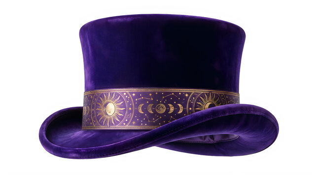 Purple velvet top hat with a gold star pattern ribbon
